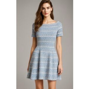 Stretta Blue Geometric Print Structured Fit & Flare Coquette Knot Mini Dress XS